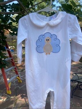 Lillie and Lilah  white Baby Footed One-Piece with Blue Chick Applique